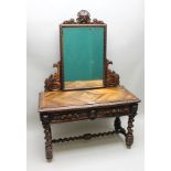 A LATE 19TH CENTURY CARVED OAK AND PARQUETRY HALL TABLE WITH MIRROR BACK, assembled from reclaimed