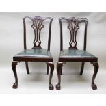 A PAIR OF LATE 19TH CENTURY CHIPPENDALE DESIGN MAHOGANY SINGLE CHAIRS with carved pierced back