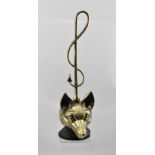 A 20TH CENTURY CAST BRASS FOX MASK DOOR PORTER, with entwined crop handle, iron weighted base,