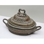 A SUBSTANTIAL 19TH CENTURY BRONZE TUREEN AND COVER, possibly French, of oval fluted Regency form,