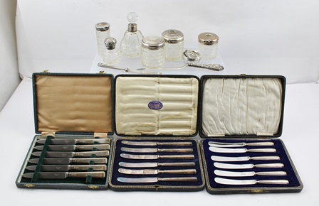 A SELECTION OF VARIOUS SILVER MOUNTED GLASS DRESSING TABLE APPOINTMENTS and THREE CASES OF SILVER