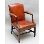 A 19TH CENTURY MAHOGANY SHOW WOOD FRAMED GAINSBOROUGH LIBRARY ARMCHAIR, having leather upholstered