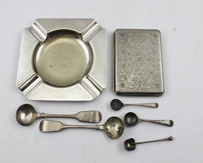 A SELECTION OF SILVER AND SILVER PLATE comprising; a silver plated ashtray of Art Deco form, a