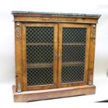 A REGENCY DESIGN BURR WALNUT TWO-DOOR CREDENZA CABINET, having polished green marble top over two