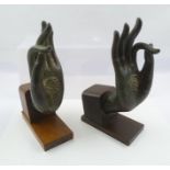 A PAIR OF BRONZE HANDS FROM A BUDDHA IMAGE, Thailand 17th/18th century, each with elongated