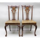 A PAIR OF EDWARDIAN SINGLE CHAIRS, having carved mahogany frames with scallop shell crest rails