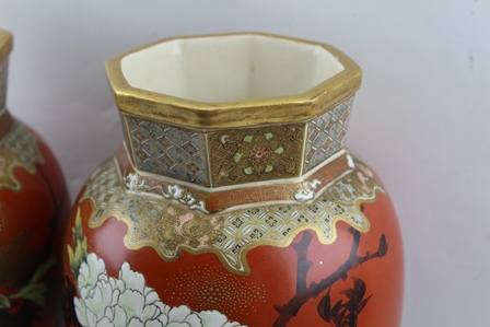 A PAIR OF JAPANESE SATSUMA POTTERY VASES of orange red ground, painted and gilded with birds midst - Image 2 of 7