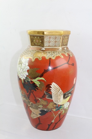 A PAIR OF JAPANESE SATSUMA POTTERY VASES of orange red ground, painted and gilded with birds midst - Image 3 of 7