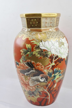 A PAIR OF JAPANESE SATSUMA POTTERY VASES of orange red ground, painted and gilded with birds midst - Image 6 of 7