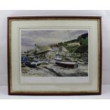 AFTER ALAN INGHAM "Fisherman's Rest" harbour scene with stone buildings and beached vessels, a
