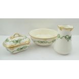 THREE ITEMS OF CRESCENT CERAMIC WARES FROM A TOILETTE SET, to include vase, bowl and lidded soap