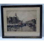 AN EARLY 20TH CENTURY ENGRAVING "Amsterdam", featuring the dome of the Koepelkerk with barges in the