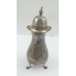 SIBRAY, HALL & CO. A LATE VICTORIAN SILVER SUGAR CASTER, of baluster form, chased screw on cover,