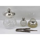 WILMOT MANUFACTURING CO. AN EARLY TO MID 20TH CENTURY CUT GLASS BISCUIT BARREL with silver cover,