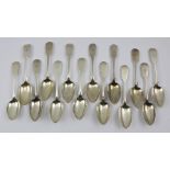 JOHN OSMENT A SET OF TWELVE MID 19TH CENTURY SILVER "FIDDLE" PATTERN DESSERT SPOONS, engraved with a