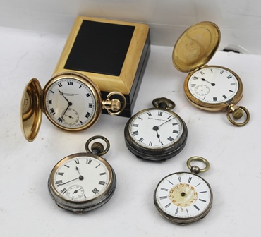 A HUNTER STYLE POCKET WATCH in a 10ct gold plated case, white enamel dial inscribed "Cameron &