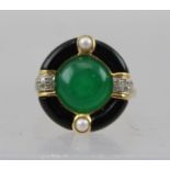 A LADY'S JADE, ONYX, PEARL AND DIAMOND DESIGNER RING, believed to be 18ct (not marked), size N
