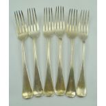 SOLOMON HOUGHAM FIVE EARLY 19TH CENTURY SILVER "HANOVERIAN" PATTERN TABLE FORKS, London 1814,