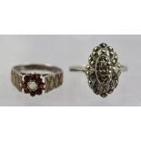 A SILVER MARCASITE RING, size Q 1/2, together with a SILVER GARNET SET CLUSTER RING, size M (2)