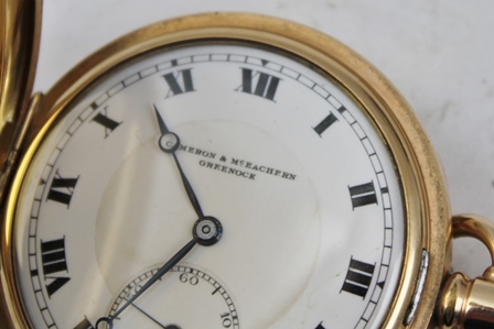 A HUNTER STYLE POCKET WATCH in a 10ct gold plated case, white enamel dial inscribed "Cameron & - Image 2 of 4