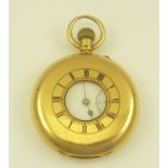 AN 18CT GOLD CASED HALF HUNTER GENTLEMAN'S POCKET WATCH, white enamel dial with Roman numerals and