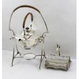 A SILVER PLATED SPIRIT KETTLE ON STAND, having woven wicker handle, together with an EPNS BONBON