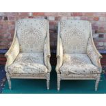 A PAIR OF 18TH CENTURY DESIGN FRENCH STYLE SCROLLING ARM EASY CHAIRS, upholstered in patterned cream