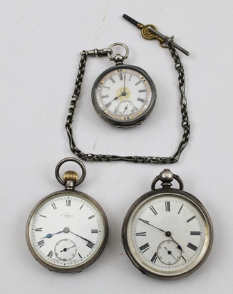 THREE SILVER CASED POCKET WATCHES, comprising two gentleman's open face watches with white enamel