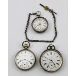 THREE SILVER CASED POCKET WATCHES, comprising two gentleman's open face watches with white enamel