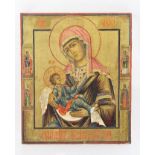 A 20TH CENTURY RUSSIAN ICON "MADONNA AND CHILD", oil paint and gilded, on a pine panel with border