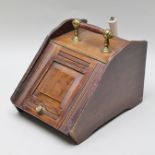 A 19TH CENTURY MAHOGANY PURDONIUM, having ribbed carrying handle, associated shovel, plain