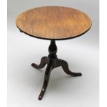 A 19TH CENTURY MAHOGANY CIRCULAR SNAP-TOP TABLE, on plain turned baluster column and three downswept