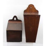 A 19TH CENTURY MAHOGANY WALL MOUNTING KNIFE BOX, having shaped panel back, hinged cover, tapering