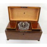 A LATE GEORGE III MAHOGANY TEA CADDY, the rectangular box fitted with two inner lidded