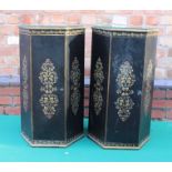 A PAIR OF PAINTED METAL HEXAGONAL BEDSIDE CABINETS with floral decoration, 76cm high