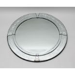 A 20TH CENTURY VENETIAN CIRCULAR WALL MIRROR with floral ebonised frame, 90cm diameter