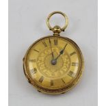 A LADY'S 18CT GOLD CASED FOB OR POCKET WATCH, having an ornately chased case, and an engraved gilt