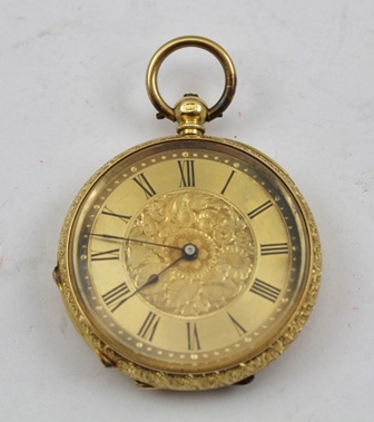 A LADY'S 18K GOLD CASED FOB OR POCKET WATCH, having an ornately chased case, engraved dial centre of