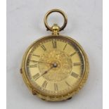 A LADY'S 18K GOLD CASED FOB OR POCKET WATCH, having an ornately chased case, engraved dial centre of