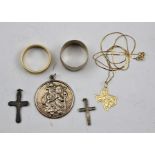 A 9CT GOLD WEDDING BAND, a 14k gold PENDANT ON CHAIN, a silver ST. CHRISTOPHER, TWO SILVER CROSSES