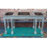 A 20TH CENTURY CONSOLE TABLE FRAME, raised on squared fluted supports, without top, 176cm wide x