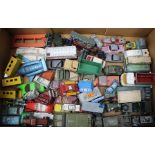 A BOX OF ASSORTED DIE-CAST PLAY WORN VEHICLES including; Corgi Toys, Dodge Truck, Matchbox