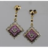 A PAIR OF 9CT GOLD AMETHYST AND DIAMOND CLUSTER DROP EARRINGS with butterfly clasps