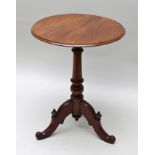 A 19TH CENTURY MAHOGANY CIRCULAR TOPPED TABLE, on turned column and three downswept legs with turned