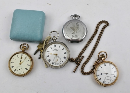 A COLLECTION OF FOUR POCKET WATCHES, an open face 9ct gold cased watch, a 10ct gold plated cased