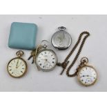 A COLLECTION OF FOUR POCKET WATCHES, an open face 9ct gold cased watch, a 10ct gold plated cased