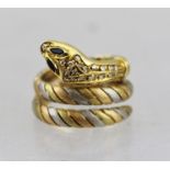 AN 18CT MULTICOLOUR GOLD SNAKE SCARF RING set with diamonds, with sapphire eyes, indistinctly marked