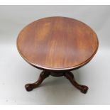 A 19TH CENTURY MAHOGANY FINISHED OVAL TILT-TOP LOOE TABLE, supported on turned tapering faceted