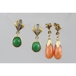 A PAIR OF CABOCHON JADE EARRINGS suspended from diamond inset fans, and a PAIR OF CORAL DROP