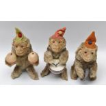 THREE PLUSH COVERED CLOCKWORK MONKEY BAND PLAYERS playing cymbals, drum and maracas